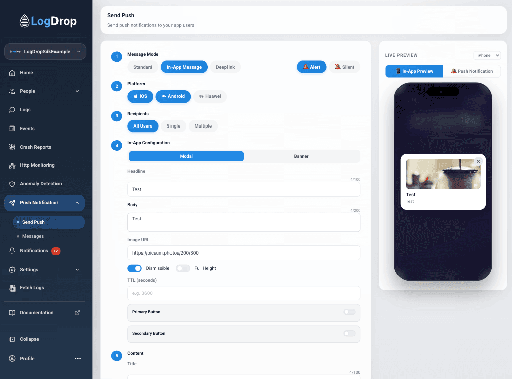 LogDrop Panel - Send Push In-App Message