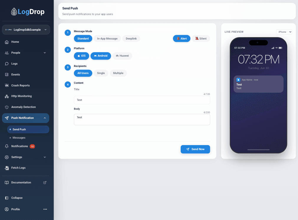 LogDrop Panel - Send Push Standard
