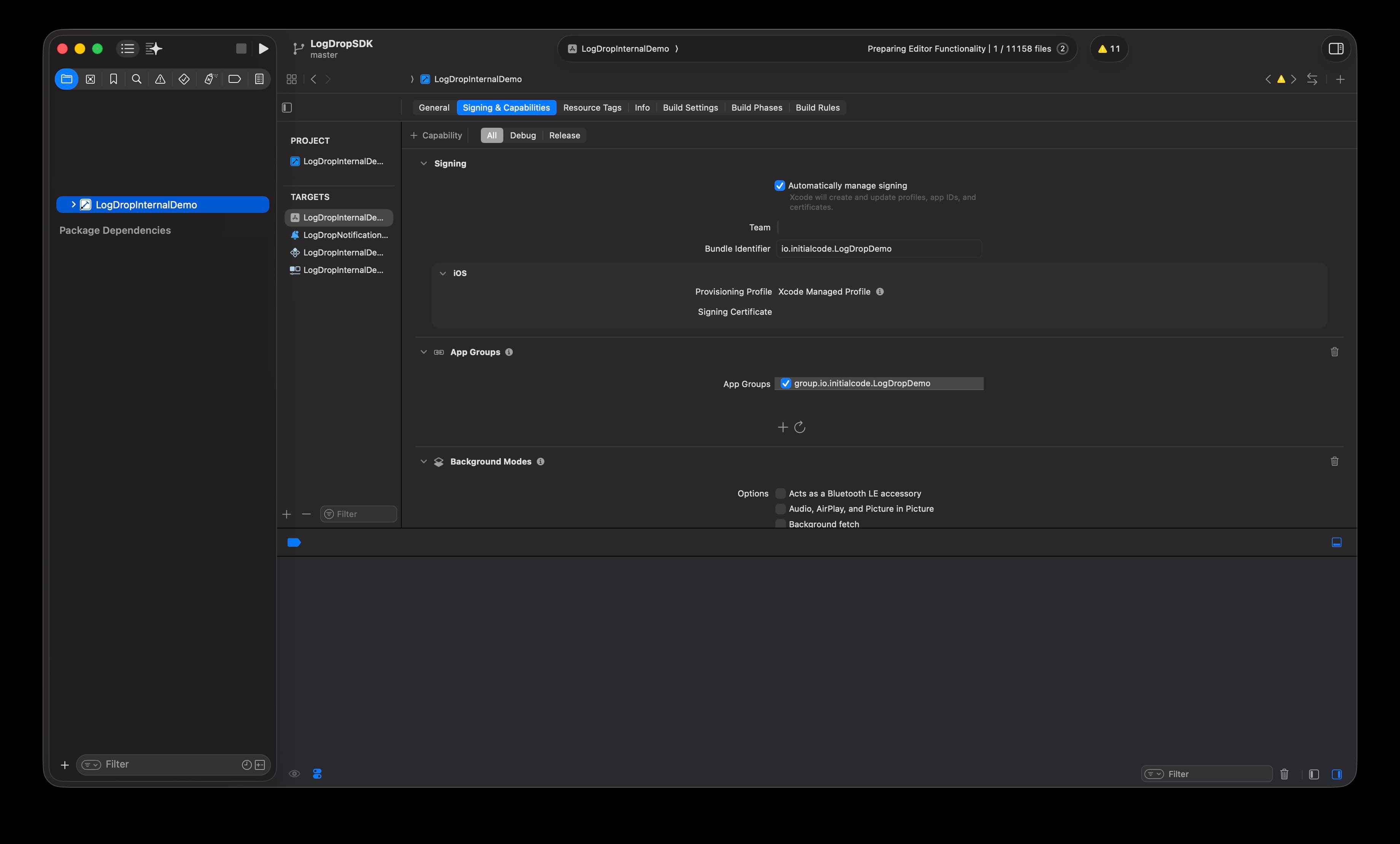 Xcode App Groups capability configured for the app target