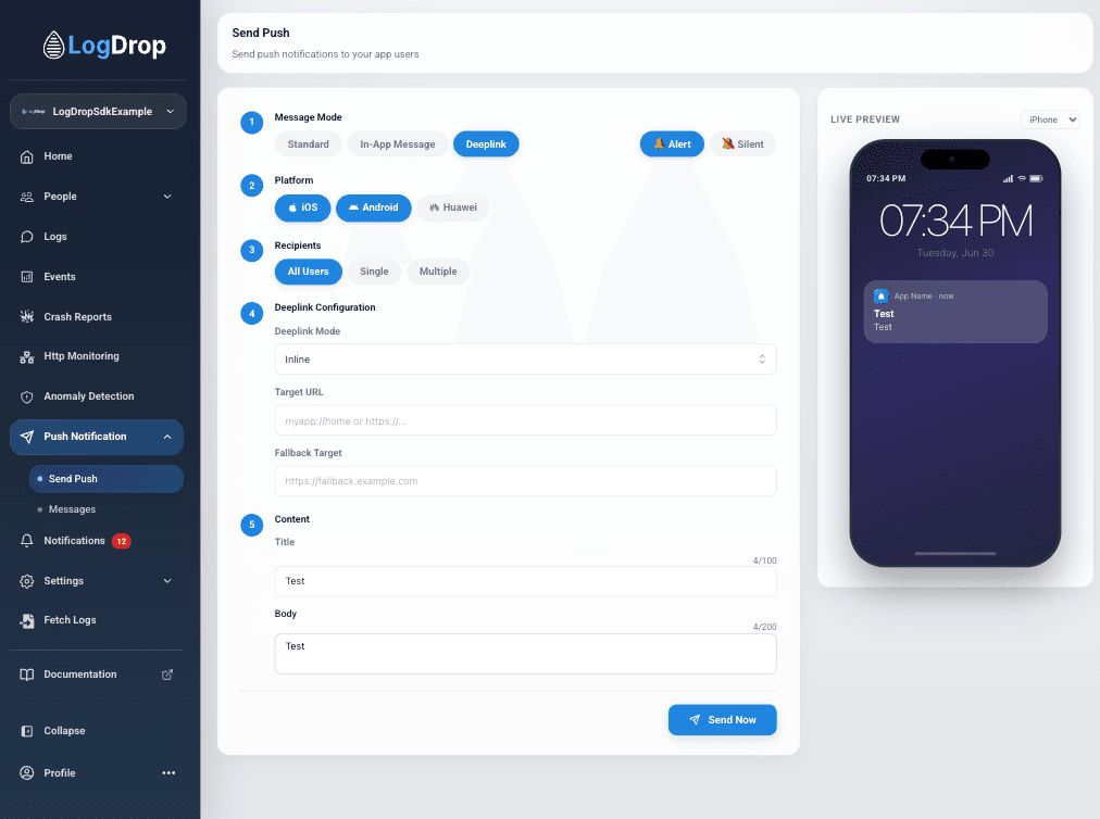 LogDrop Panel - Send Push Deeplink