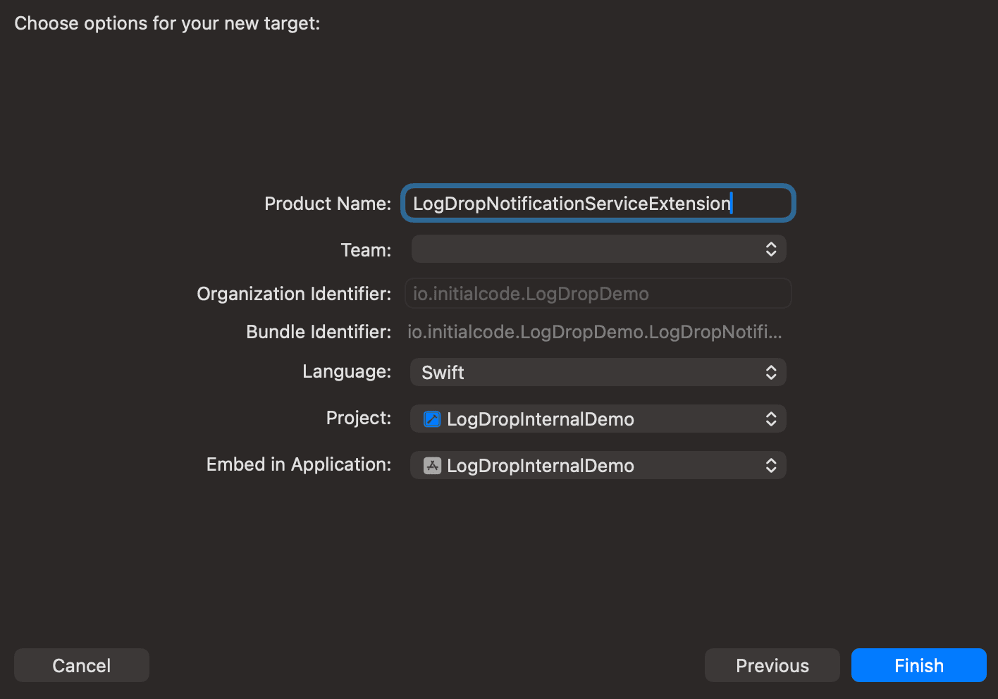 Notification Service Extension target options