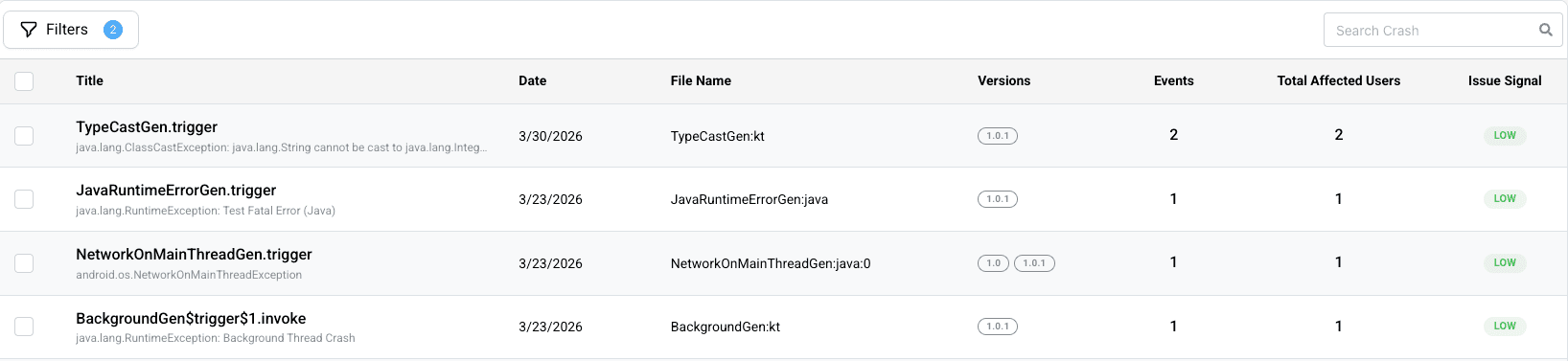 LogDrop Panel - Crash Issues List