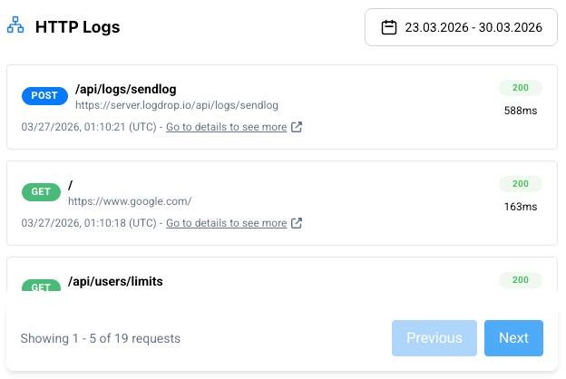 LogDrop Panel - Device Detail (HTTP Logs)