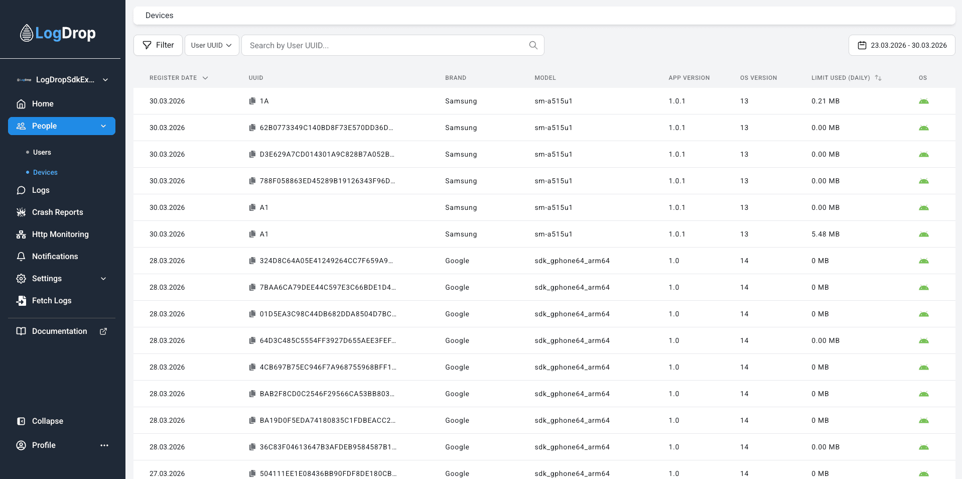 LogDrop Panel - Devices List