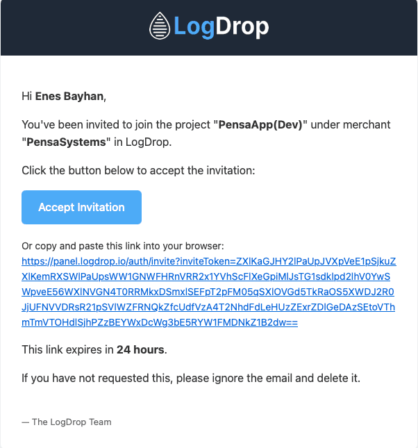 LogDrop Panel - Invitation Email / Expired Link