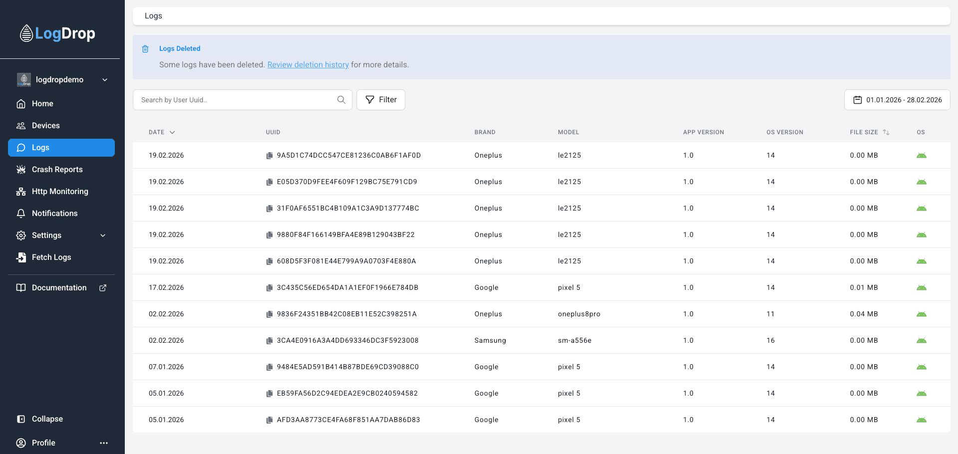 LogDrop Panel - Logs List