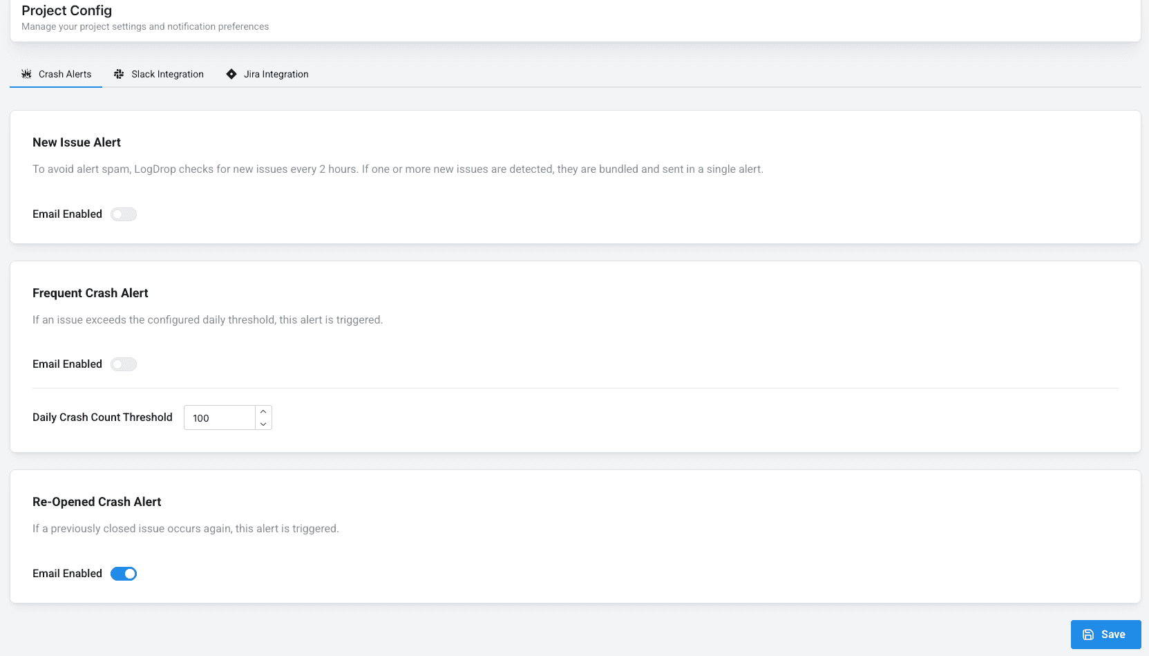 LogDrop Panel - Project Config Crash Alerts