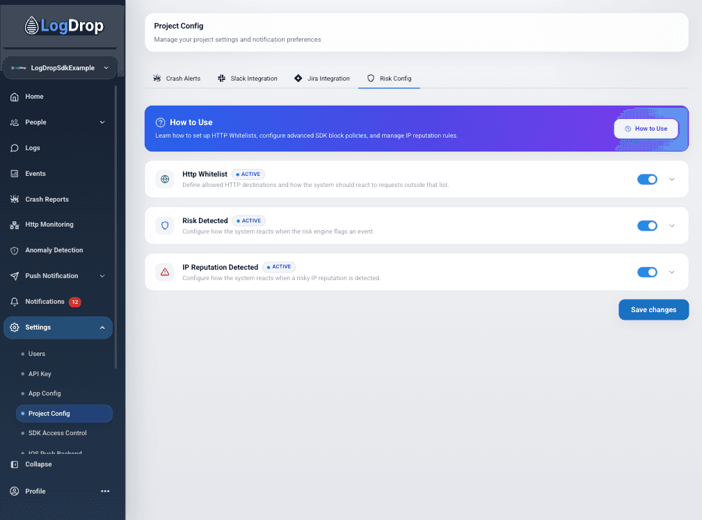 LogDrop Panel - Risk Config Overview