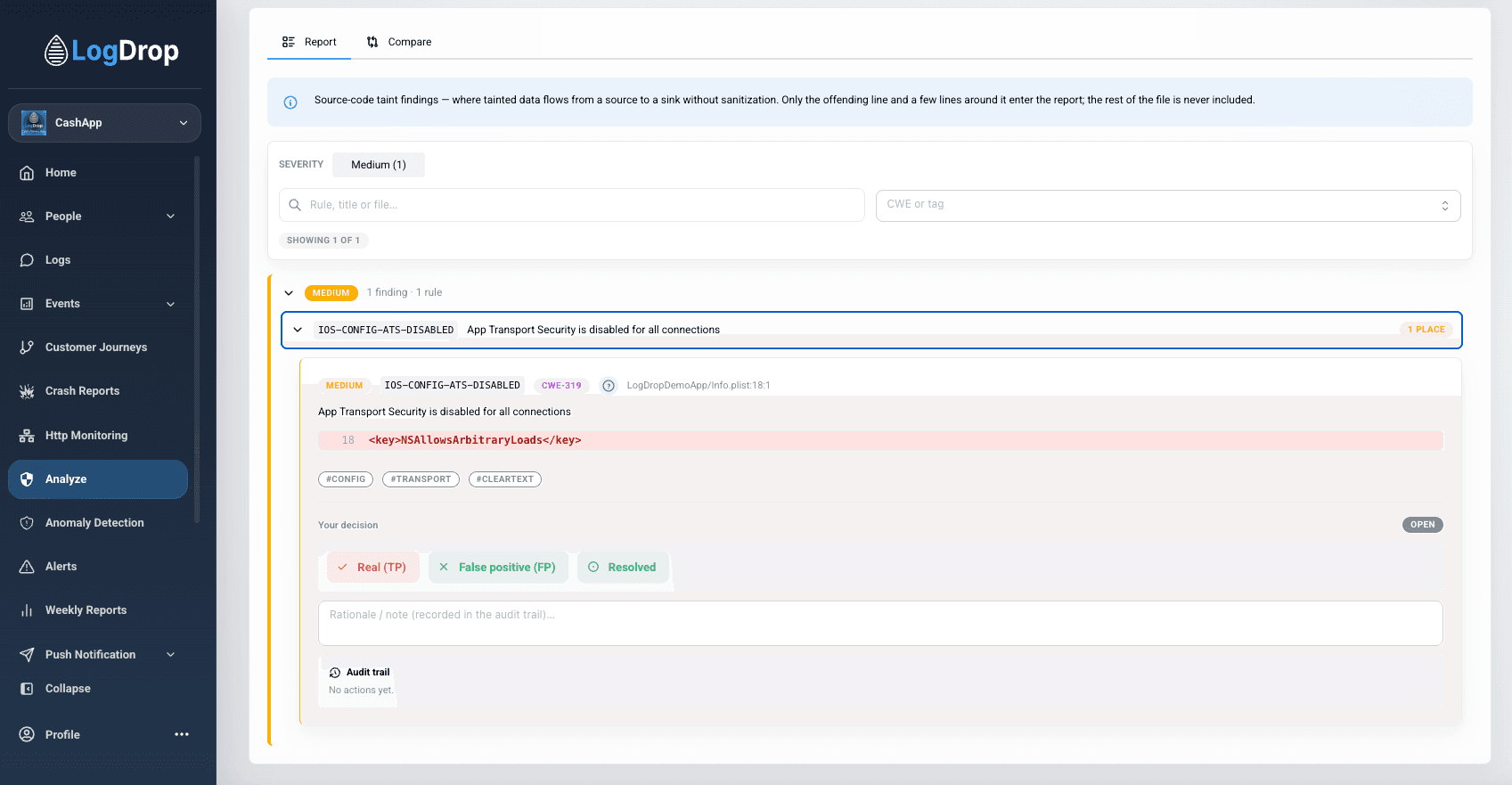 Expanded source finding with code snippet and review decisions