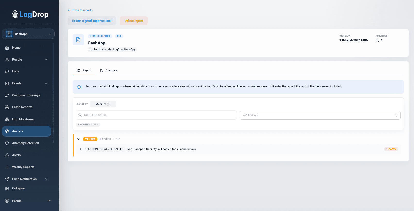 Source report with severity filters and a finding group