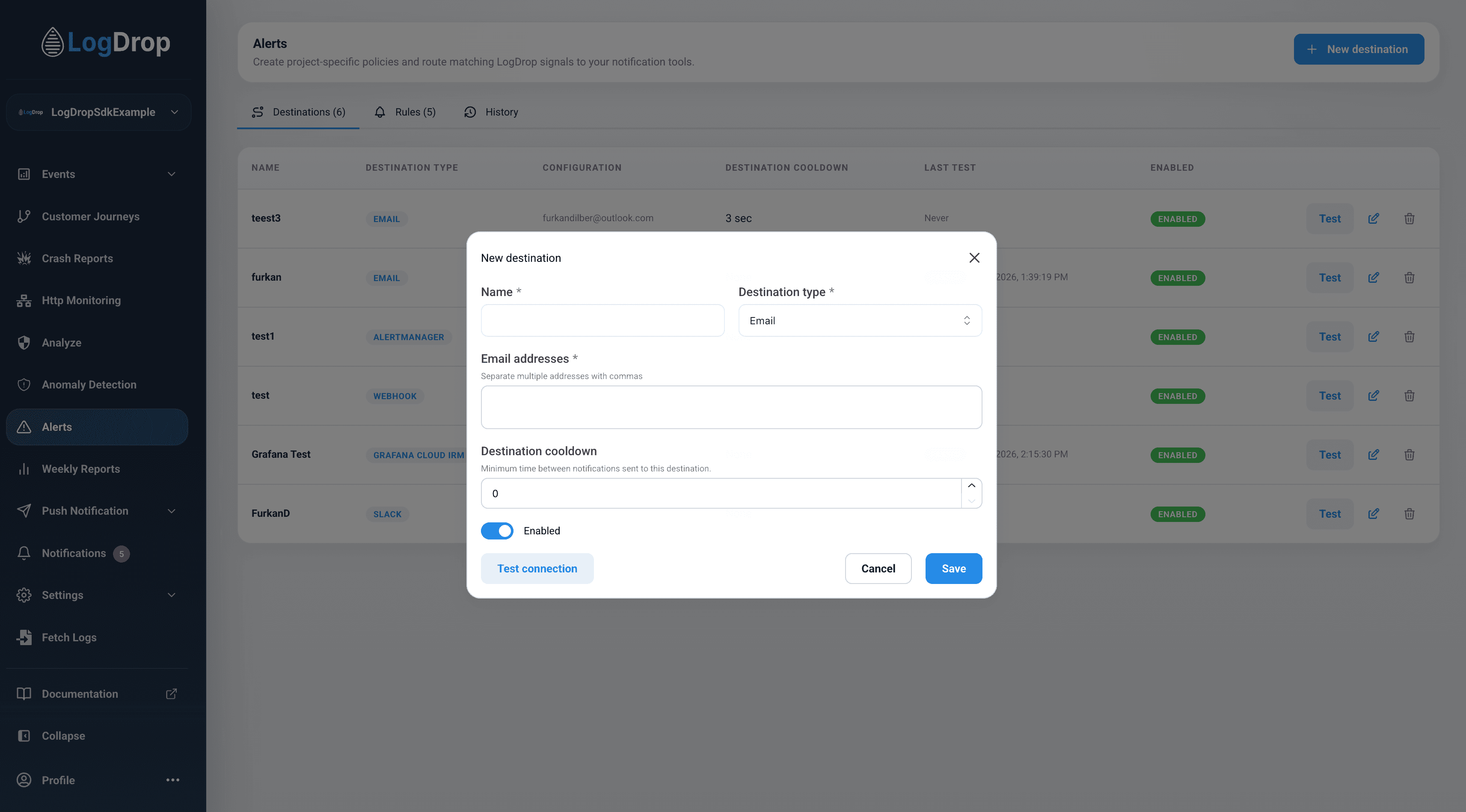 LogDrop Alerts new destination dialog with destination type, email addresses, cooldown, test connection, and save controls