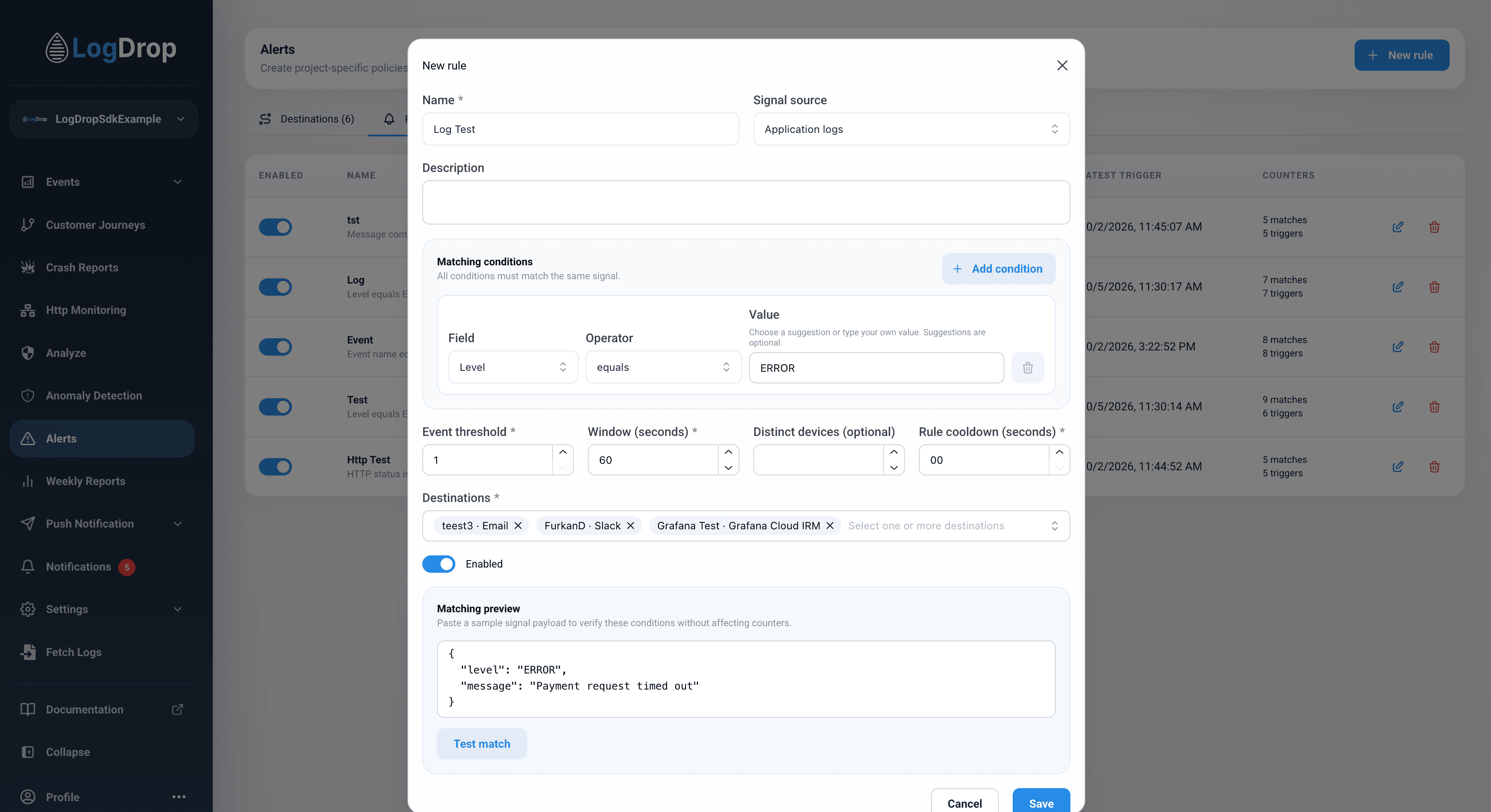 LogDrop Alerts new rule dialog showing signal source, matching conditions, thresholds, destinations, and matching preview
