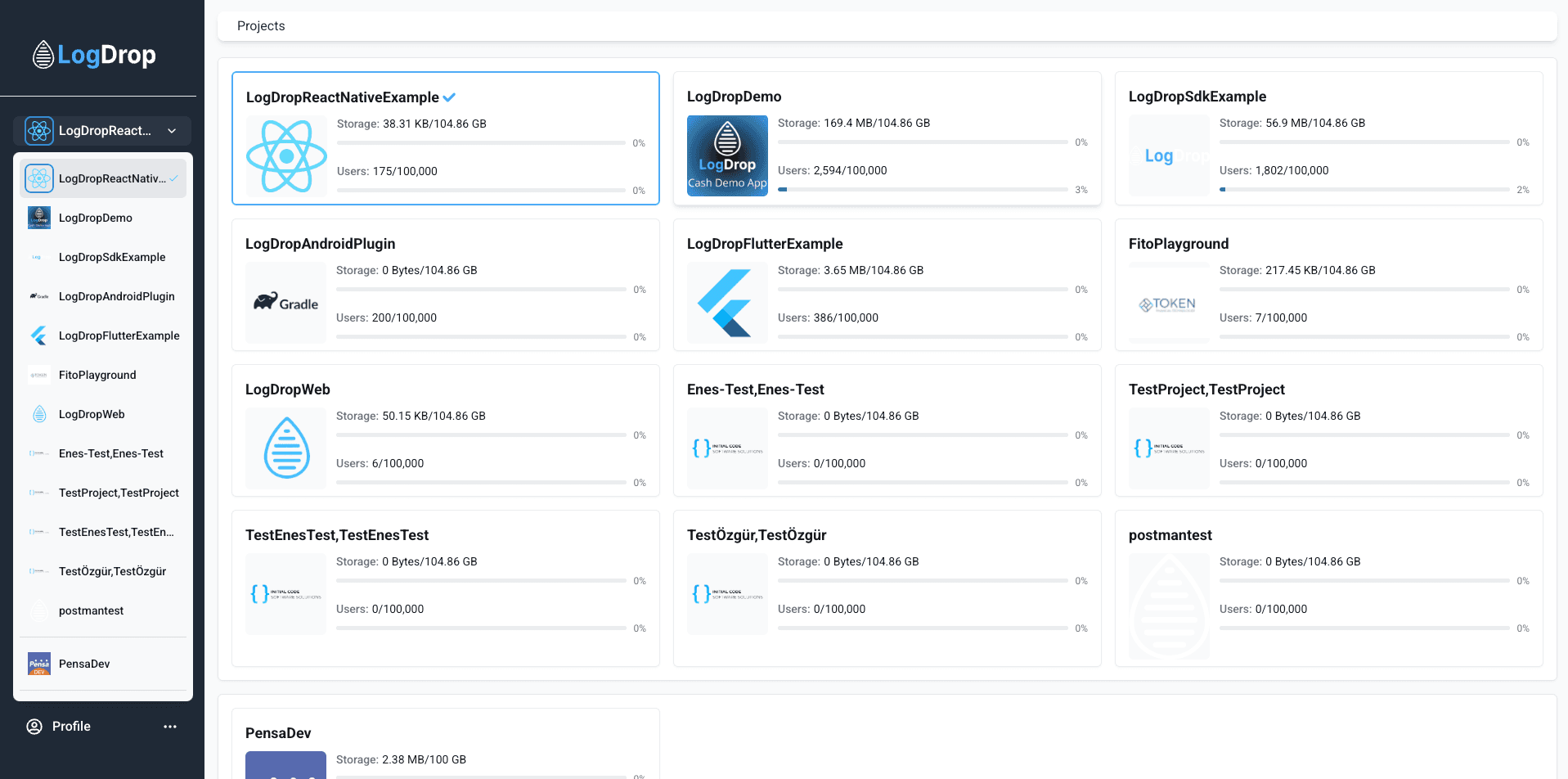 LogDrop Panel - All Projects